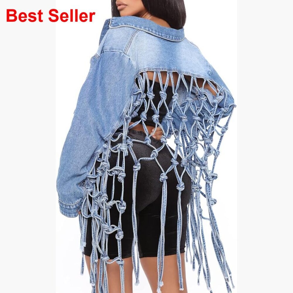 Cotton Cropped Denim Jacket with Fringe and Distressed Details
